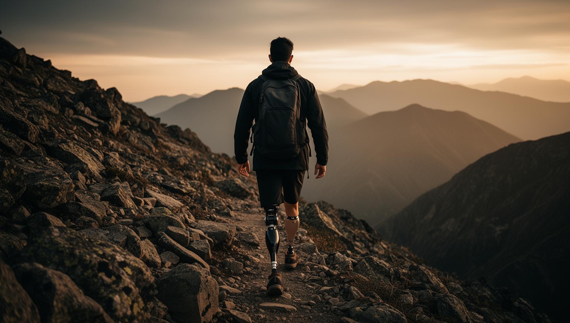 Amputee athlete hiking on mountain terrain at sunset