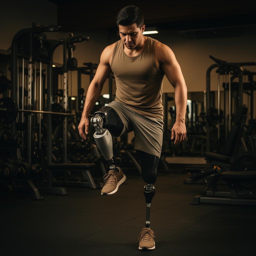 Amputee athlete performing balance exercise in gym