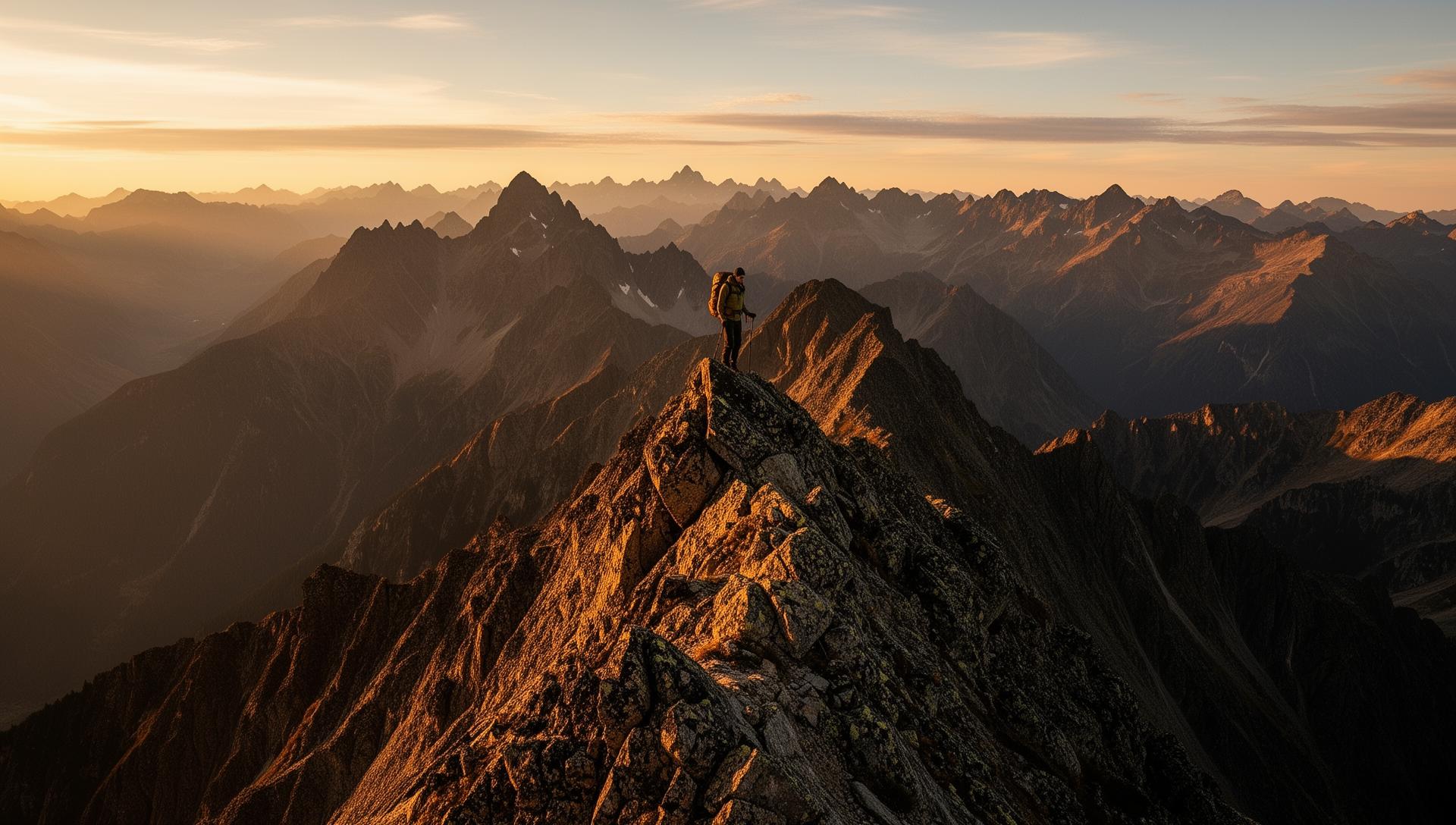 Hiker on dramatic mountain ridge at golden hour